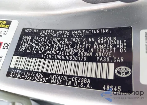 2018 Toyota Camry Se from USA, damaged, VIN 4T1B11HK6JU036170